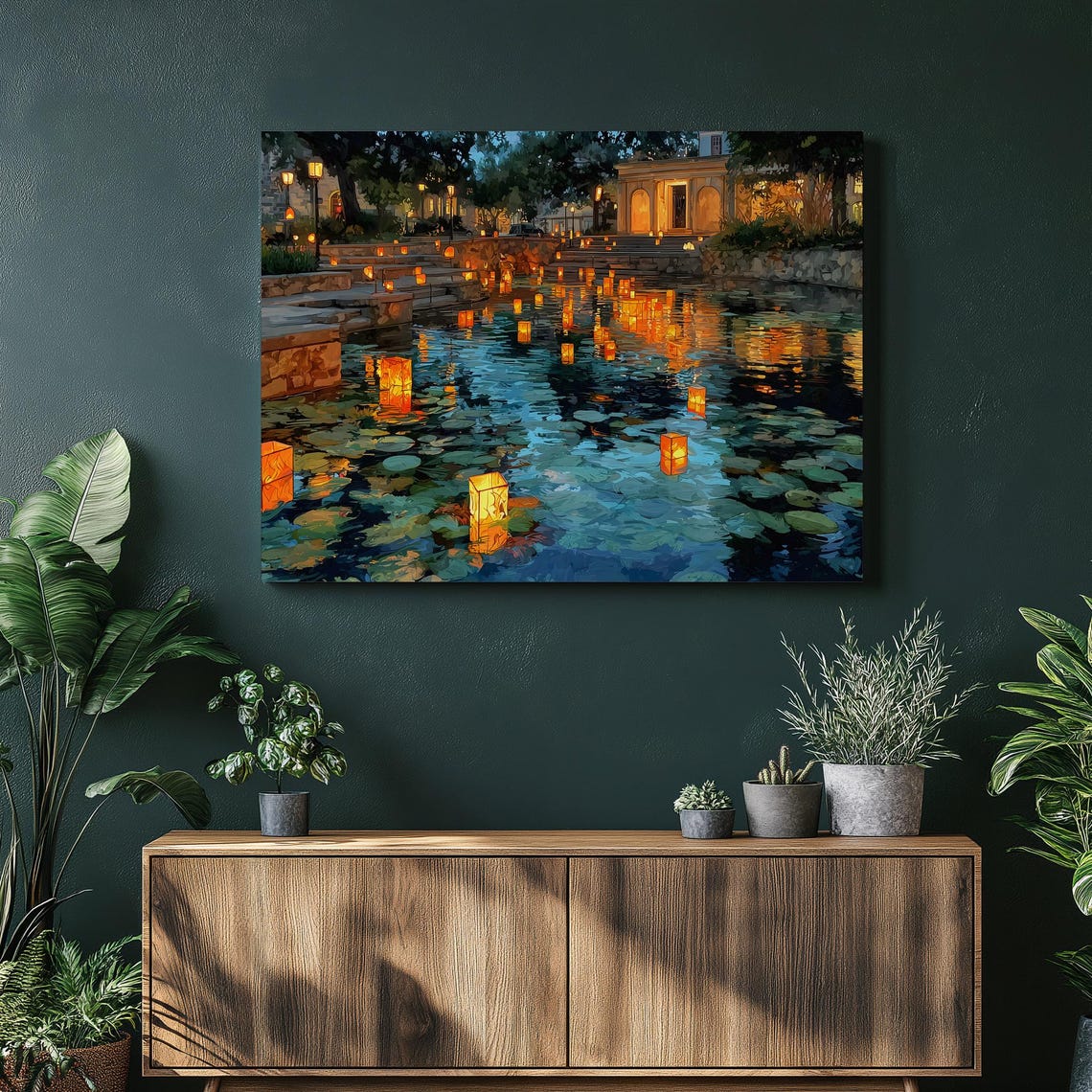 Floating Lanterns Over Night Lily Pond Serene Illuminated Scene Poster