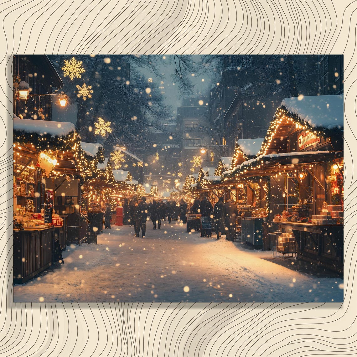 Snowy Christmas Market Night Glowing Stalls Winter Holiday Poster