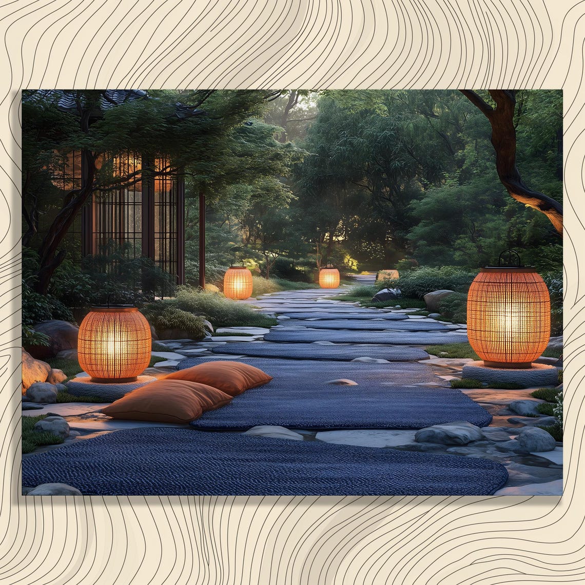 Japanese Garden Glowing Lanterns Dusk Stone Path Zen Art Poster