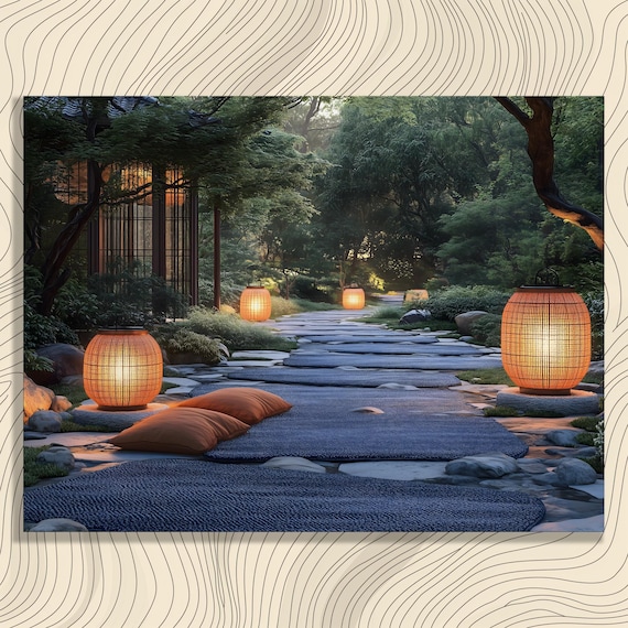 Japanese Garden Glowing Lanterns Dusk Stone Path Zen Art Poster