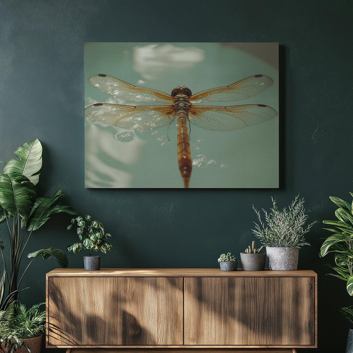 Stunning Golden Dragonfly Macro Photo Over Still Water Art Poster