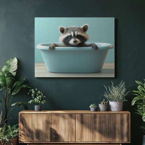 Cute Raccoon Wall Art Canvas Whimsical Blue Bathtub Print For Kids Room Nursery Bathroom Decor Animal Lover Home Gift