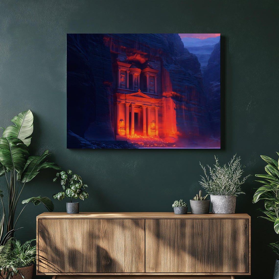 Petra Treasury Night Glow Red Sandstone Canyon Temple Art Print
