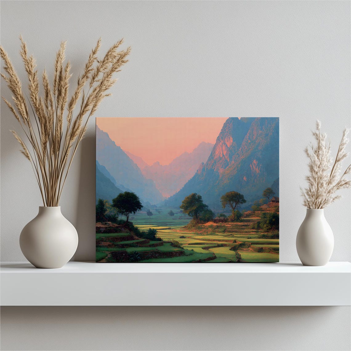 Mountain Rice Terraces Sunset Valley Impressionist Painting Wall Art