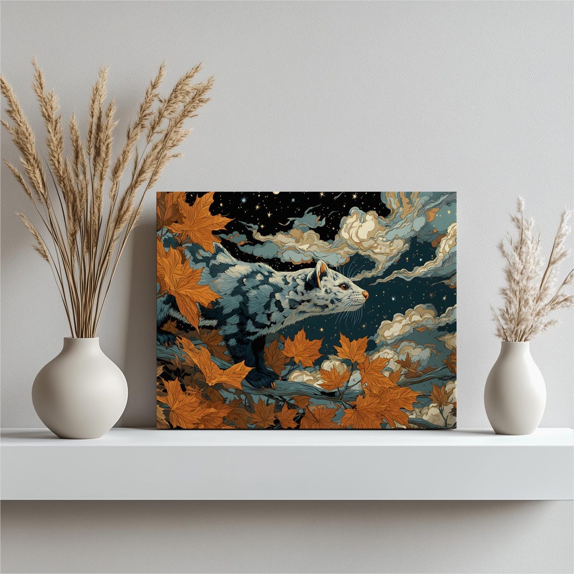Spotted Wildcat Autumn Leaves Starry Night Sky Art Illustration Poster