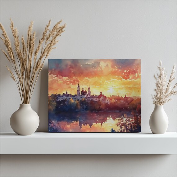 Moldova Watercolor Sunset Canvas Print Colorful River Scene Skyline Landscape Wall Art For Home Decor And Nature Lovers Bedroom Office