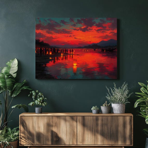 Lantern Festival Canvas Wall Art Vibrant Sunset Decor Print Asian River Painting Colorful Sky Reflection Decoration
