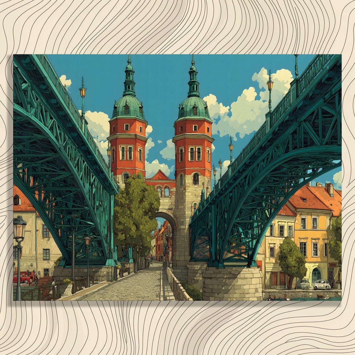 Historic Green Steel Bridge Red Towers Cobblestone Travel Poster