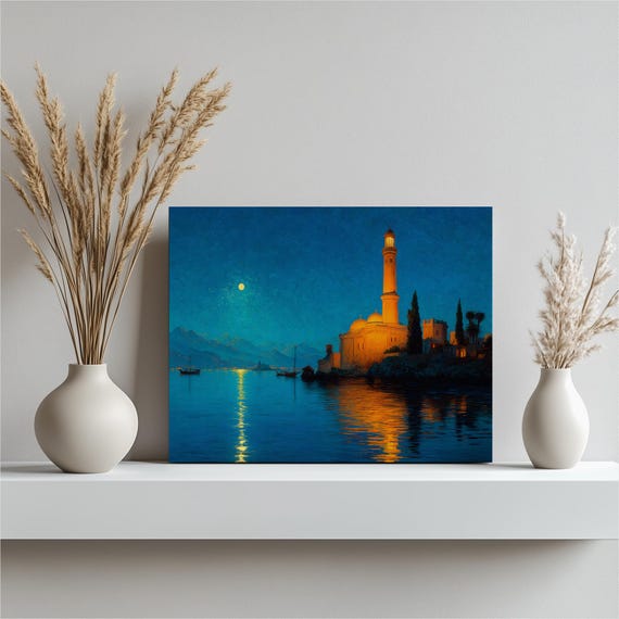Moonlit Coastal Mosque Canvas Wall Art Vintage Islamic Architecture Seascape Minaret Palm Trees Sailboat Blue Gold Reflection Print