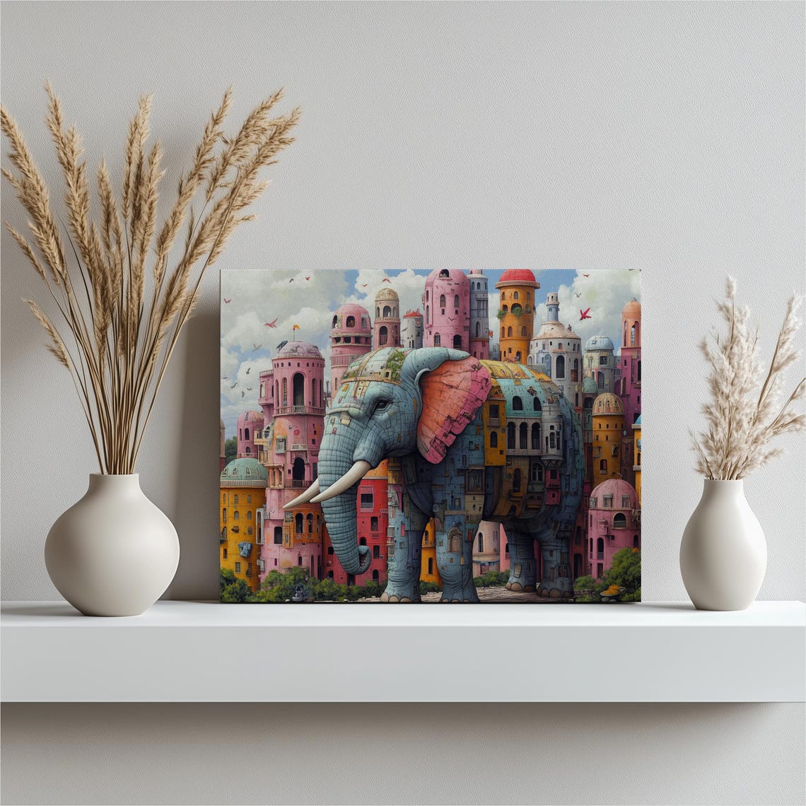 Whimsical Elephant Cityscape Pastel Buildings Fantasy Poster