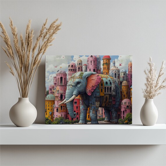 Whimsical Elephant Canvas Wall Art Colorful Cityscape Painting For Living Room Boho Urban Jungle Decor Contemporary Animal Artwork