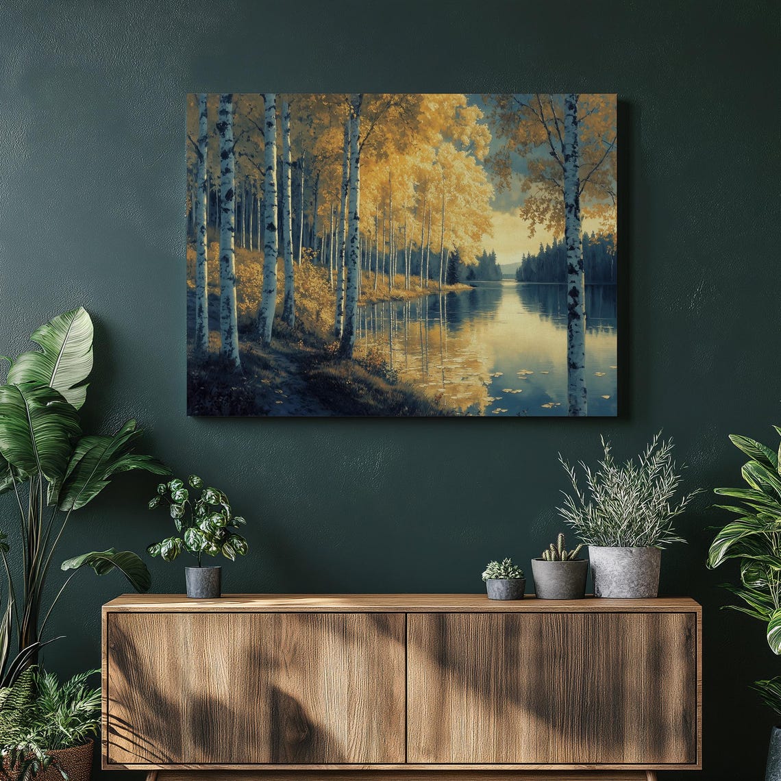 Golden Autumn Birch Trees By Still Lake Serene Painting Poster