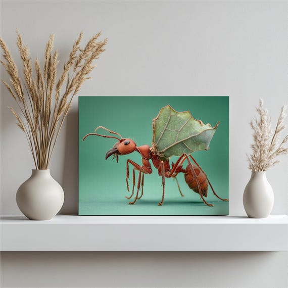 Leafcutter Ant Canvas Wall Art Modern Macro Photography Green Leaf Close Up Insect Decor Hyperrealism Contemporary Nature Print