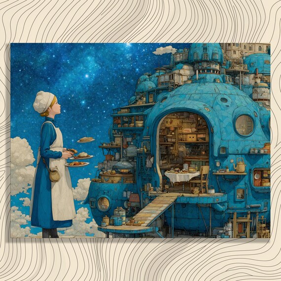 Whimsical Surreal Fantasy Canvas Wall Art Culinary Adventure Starry Night Galaxies Swirling Dreamlike Scene Surrealist Print