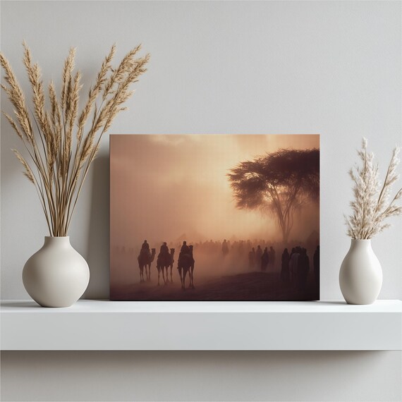 Camel Caravan Silhouettes Crossing Desert At Sunrise Dust Haze Poster