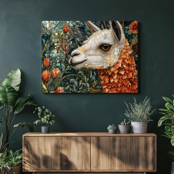 Llama Mosaic Portrait Canvas Wall Art Stained Glass Inspired Animal Decor With Jungle Flowers Botanical Leaves And Colorful Whimsical Llam