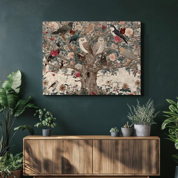 Vintage Birds Roses Canvas Wall Art Botanical Owls And Songbirds On A Flowering Tree Wildlife Nature Illustration Rustic Floral Print