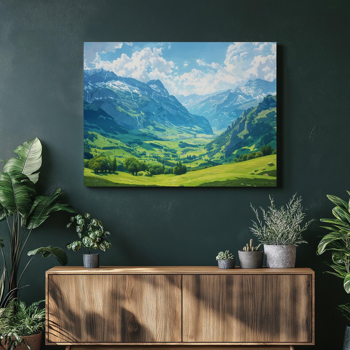 Swiss Alps Green Mountain Valley Snowy Peaks Landscape Poster