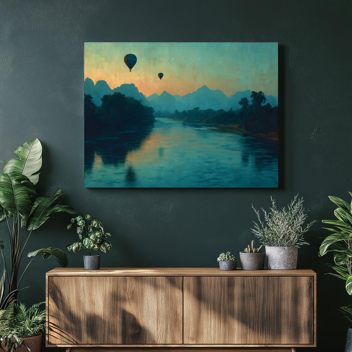 Hot Air Balloons Drifting Over River At Sunrise Misty Scene Poster
