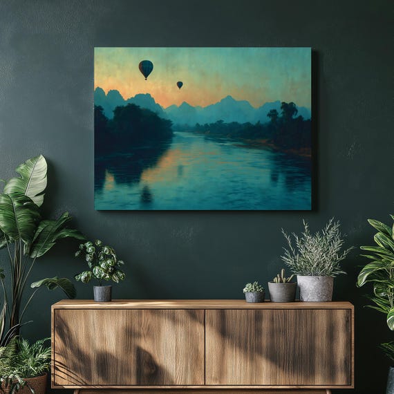 Hot Air Balloon Canvas Wall Art Sunrise River Landscape Misty Mountains Forest Sky Reflection Nature Print Modern Decor Gift