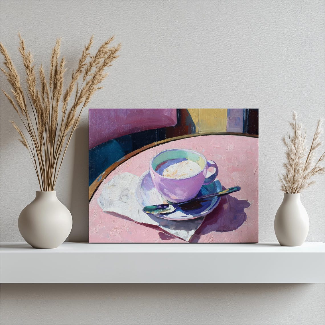 Cappuccino Coffee Cup Pink Cafe Table Oil Painting Canvas Wall Art