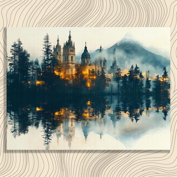 Majestic Cathedral Canvas Wall Art Surrealist Landscape Painting Gothic Architecture Misty Forest Lake Reflection Vintage Decor