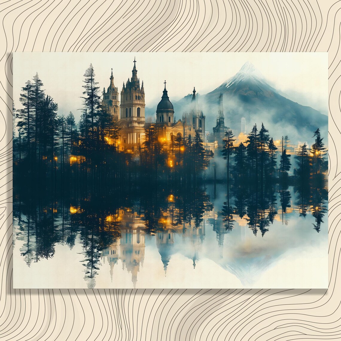 Majestic Cathedral Lake Reflection Misty Mountain Pine Surreal Poster