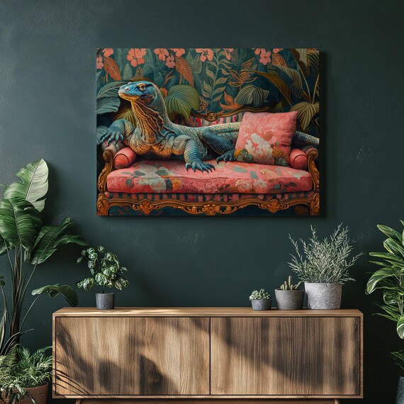 Komodo Dragon On Pink Floral Chaise Lounge Exotic Art Poster