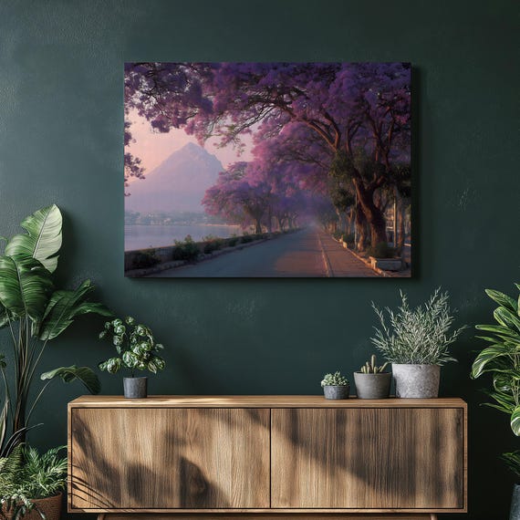 Colorful Lake Promenade Canvas Wall Art Purple Jacaranda Trees Sunset Mountain Landscape Fine Print Nature Decor Painting Gift