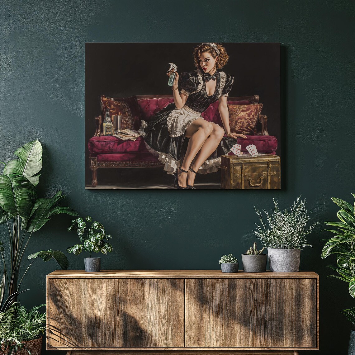 Vintage Pinup Maid Retro Illustration Playful Red Sofa Scene Poster