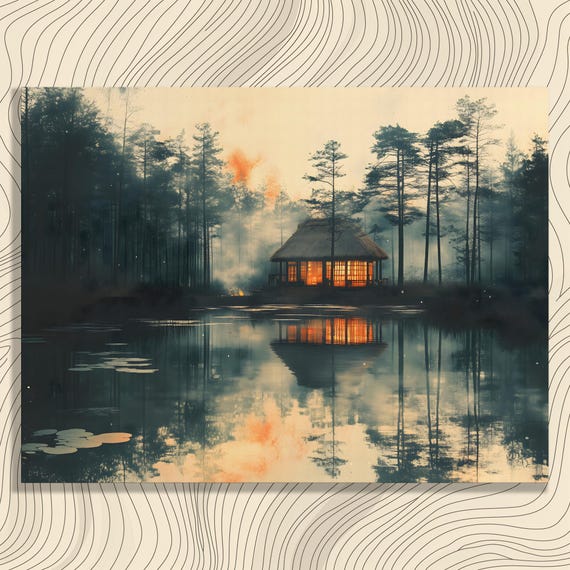 Serene Cabin Canvas Wall Art Rustic Lake Reflection Landscape Painting Print Nature Inspired Gift For Home Decor And Enthusiasts