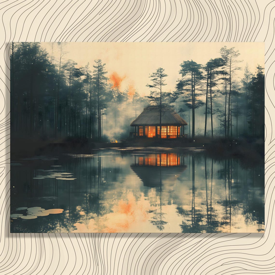 Misty Lake Cabin At Dusk Glowing Windows Reflection Art Poster