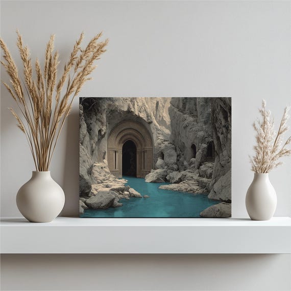 Fantasy Cave Canvas Wall Art Secret Grotto With Turquoise Stream Landscape Ancient Archway Stone Gorge Surreal Print