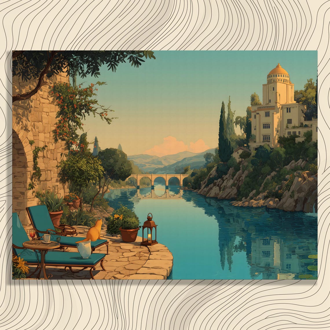 Mediterranean Villa Canvas Wall Art Sunlit Terrace Landscape Print Rustic Lake View With Cat Decor Botanical Garden Bridge Illustration