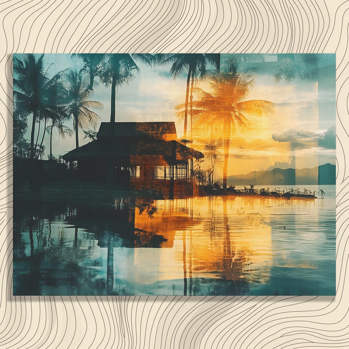 Tropical Sunset Beach Hut Palm Trees Double Exposure Ocean Art Poster