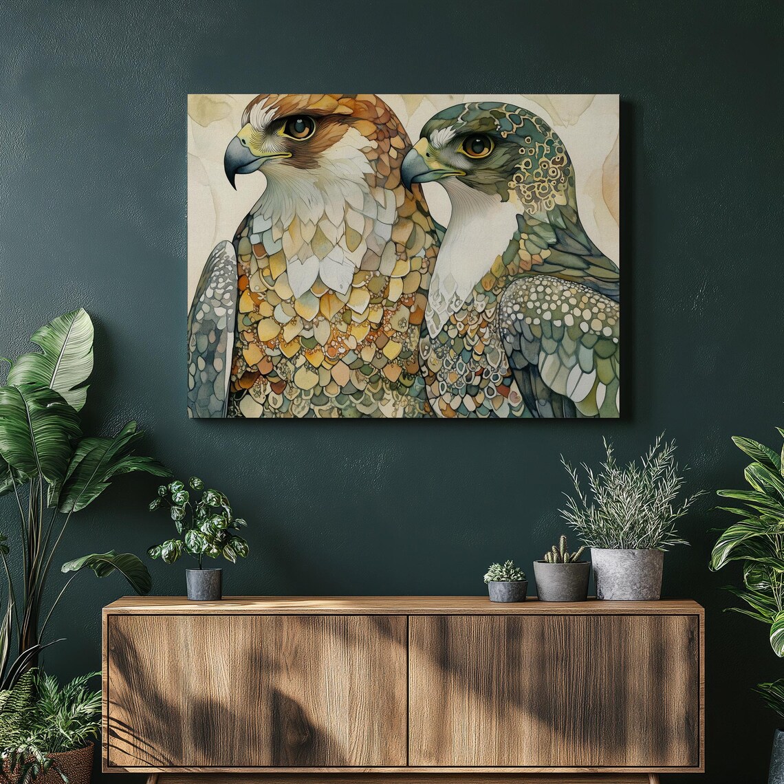 Two Falcons of Prey Mosaic Feather Art Detailed Wildlife Canvas Poster