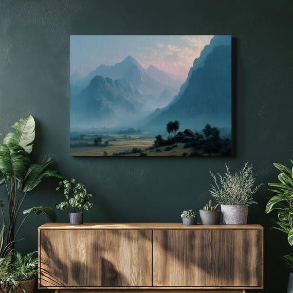 Misty Mountain Valley Canvas Wall Art Rustic Cabin Sunrise Landscape With Palm Trees Blue Beige Farmhouse Traditional Decor Print