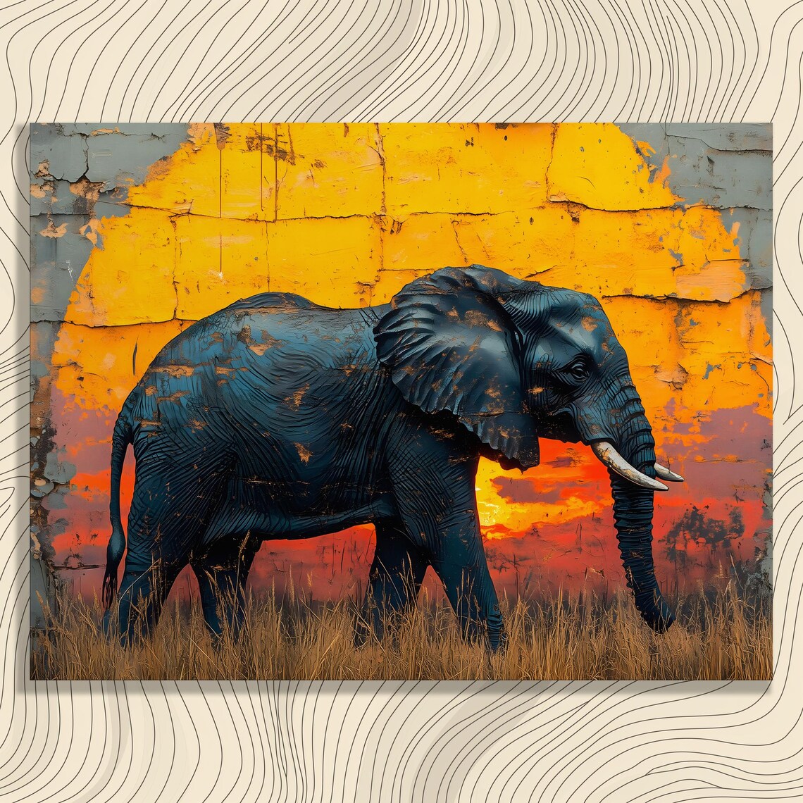 Elephant Sunset Canvas Wall Art Powerful Safari Mural Bold Stencil Graffiti Wildlife Print With African Grassland Scene And Rustic Texture