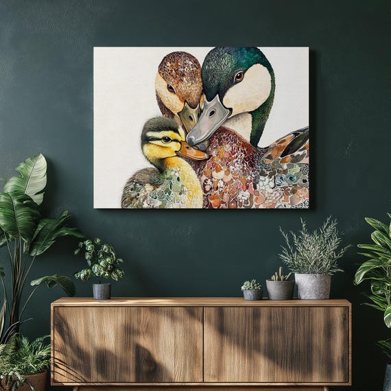 Duck Canvas Wall Art Baby Duckling Watercolor Painting Vibrant Home Decor Nursery Wildlife Illustration Detailed Mother Pattern Nature