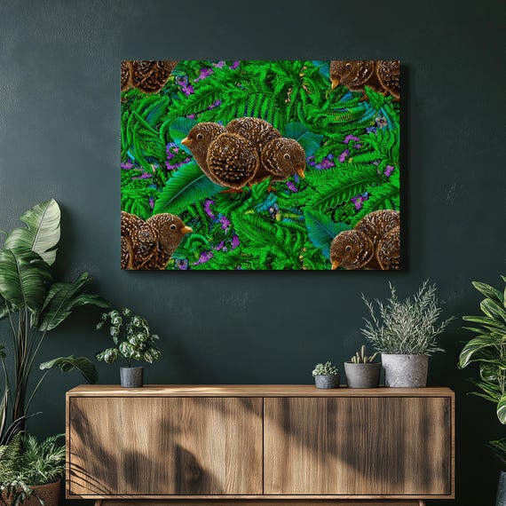 Tropical Kiwi Birds Canvas Wall Art Botanical Fern Foliage Green Leaves Pattern Nature Decor Wildlife Illustration Print Coastal