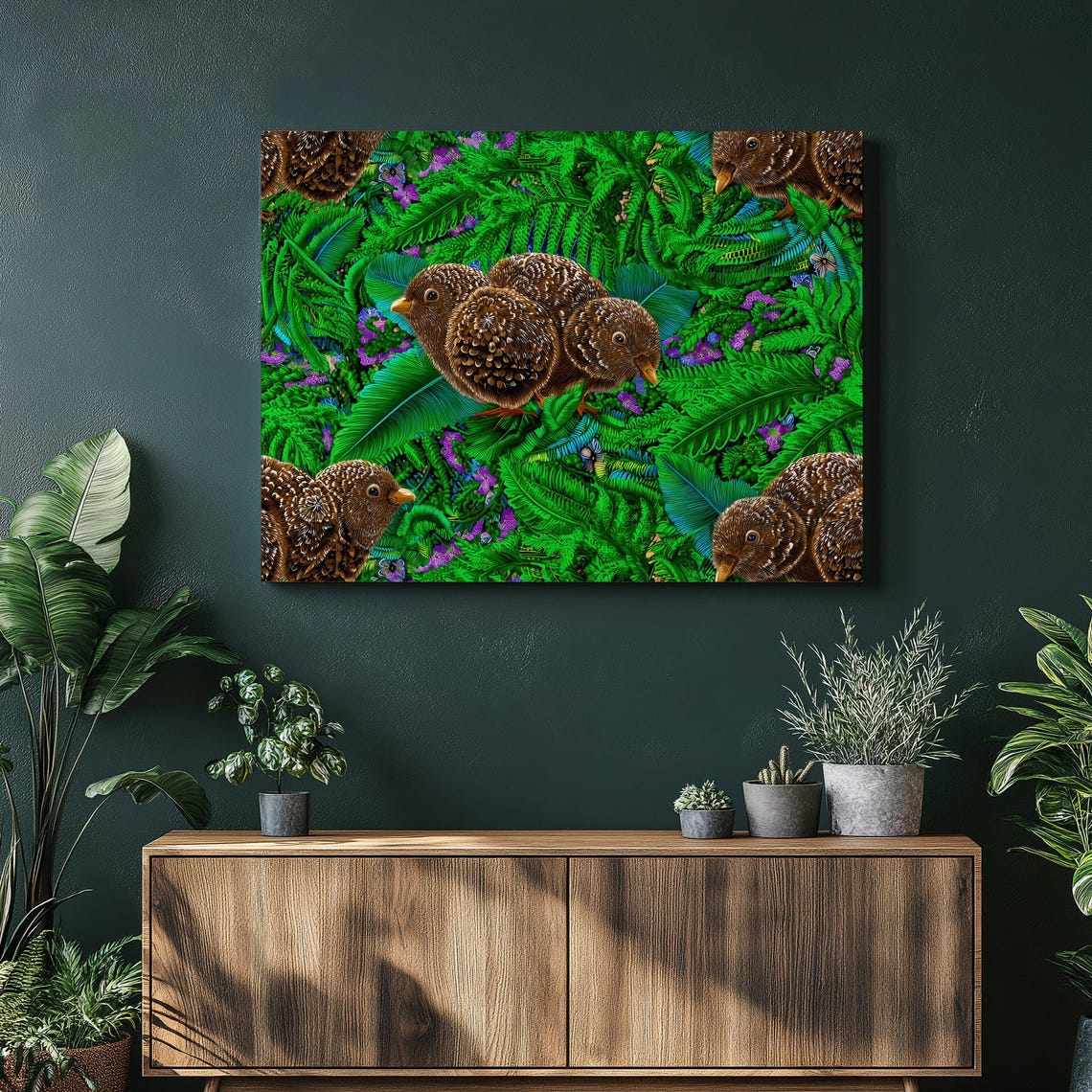 Tropical Kiwi Birds Botanical Fern Foliage Vibrant Jungle Poster