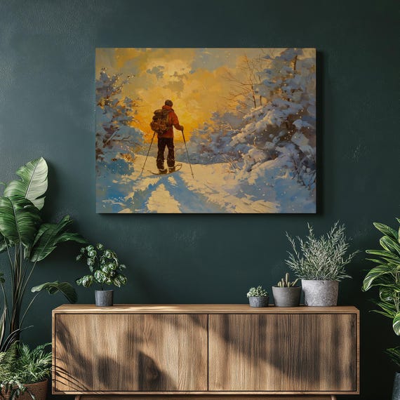 Snowshoeing Canvas Wall Art Winter Adventure Hiking Painting Snow Scene Nature Artwork Home Decor Landscape Picture Print Office Gift