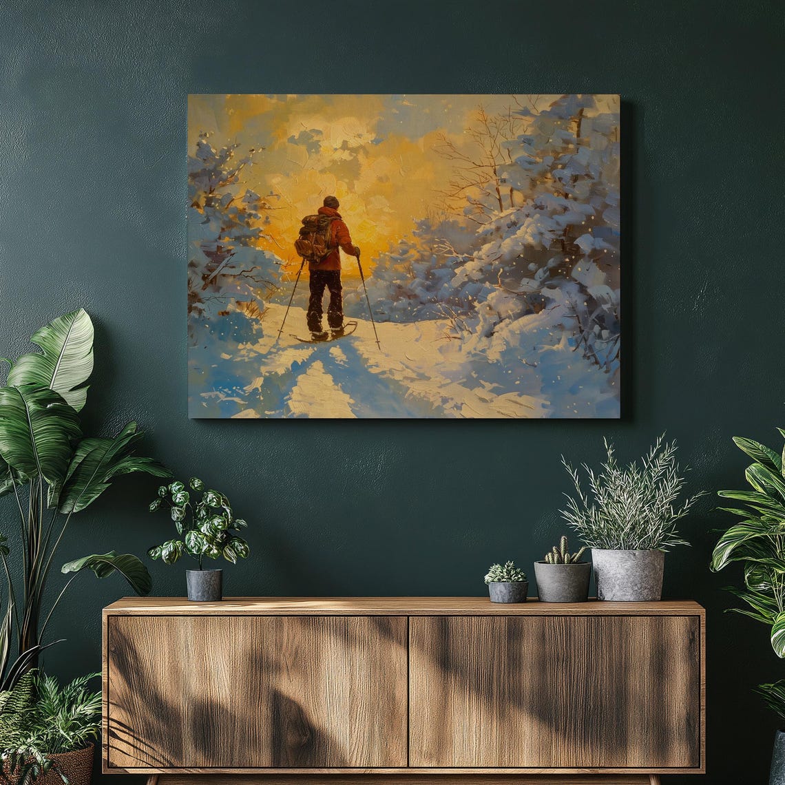 Snowshoeing Winter Sunset Snowy Forest Trail Adventure Art Poster