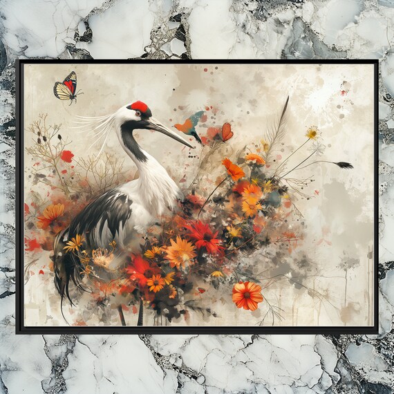Crane Canvas Wall Art Vibrant Painting Featuring Bird With Flowers Abstract Oil Texture
