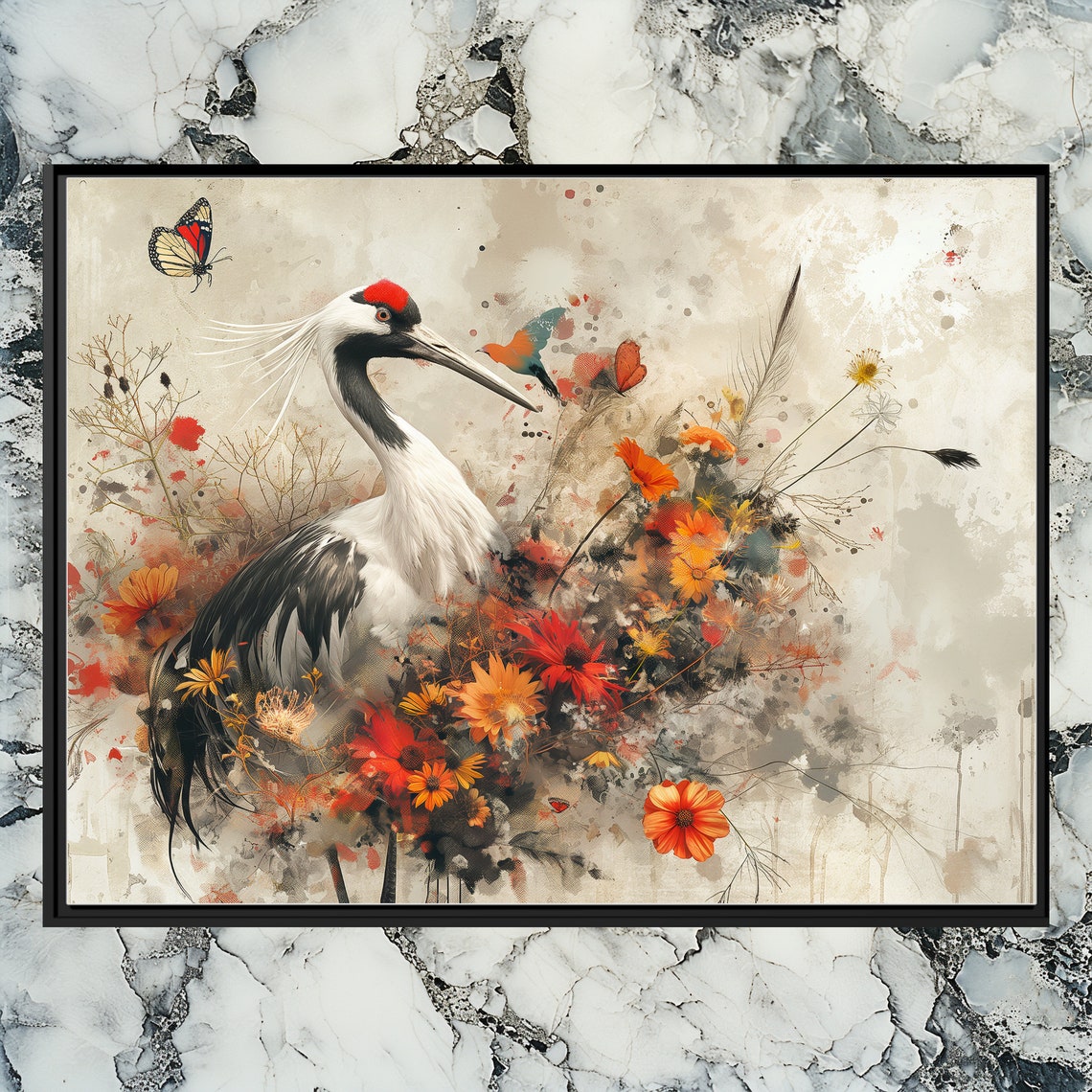 Red Crowned Crane among Wildflowers Textured Floral Nature Poster