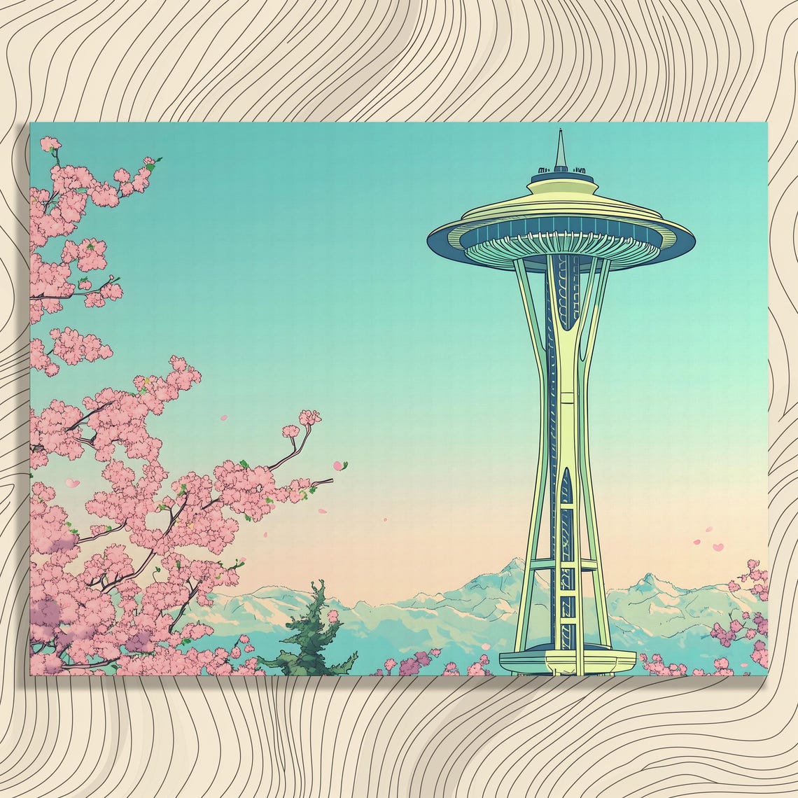 Seattle Space Needle Cherry Blossom Skyline Illustration Poster