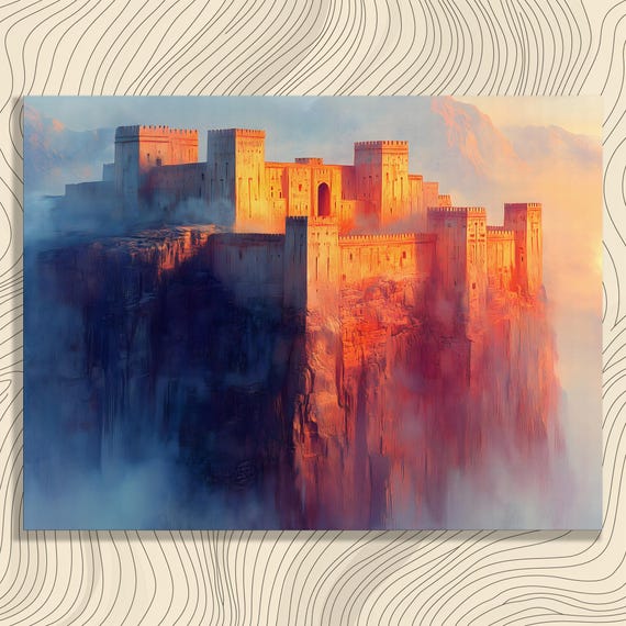 Majestic Castle Canvas Wall Art Vintage Gothic Architecture Landscape Painting Fantasy Artwork Cliff House Misty Mountains Sunset