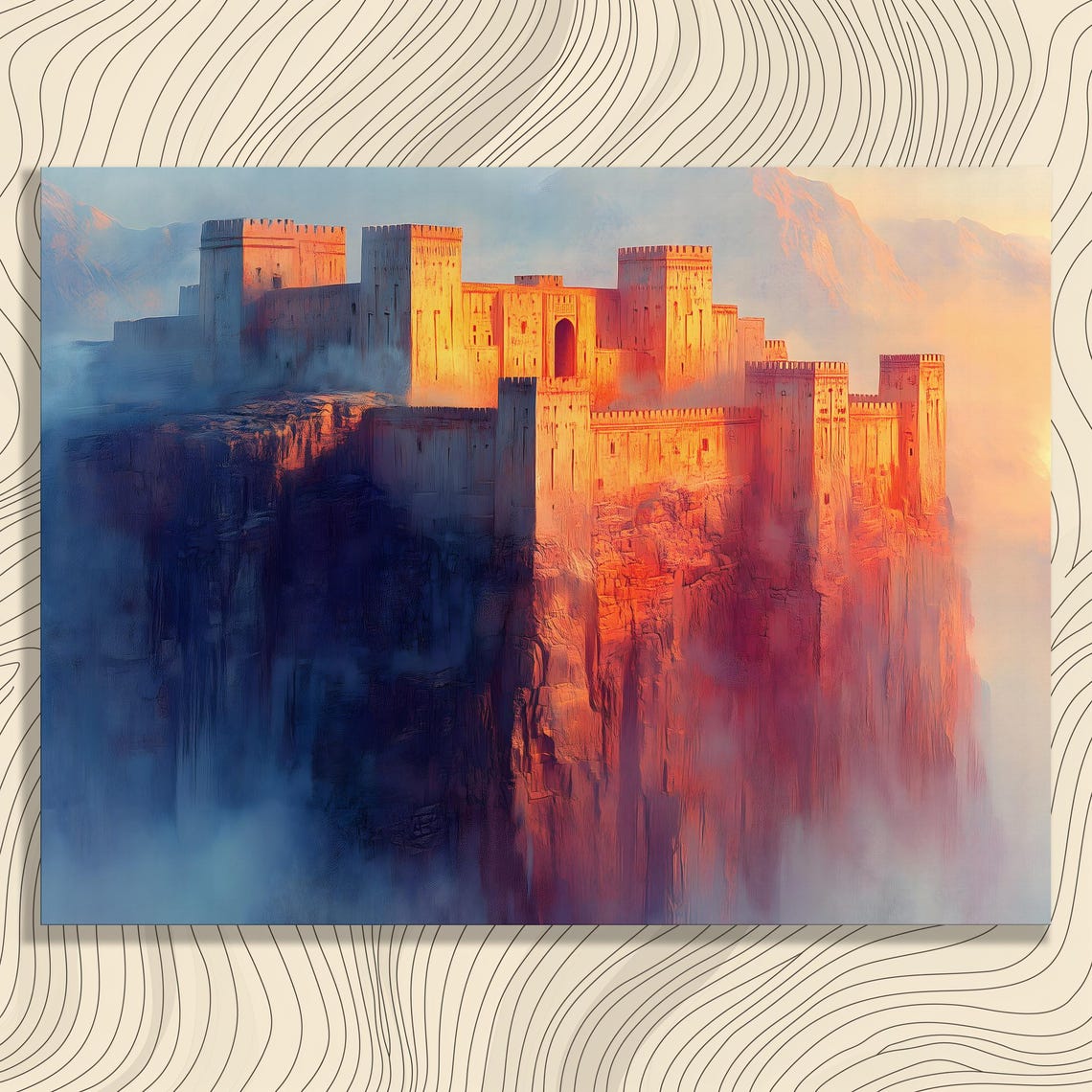 Majestic Fantasy Castle On Cliff At Sunset Misty Mountains Wall Art