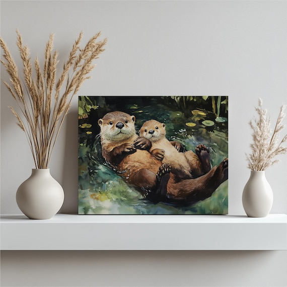 Cute Mother and Baby Otters Floating in Water Watercolor Poster