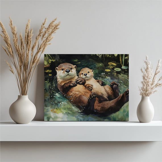 Unique Otter Mom Baby Watercolor Canvas Wall Art Painting Print Home Nursery Office Bathroom Decor Animal Gift For Nature Lovers